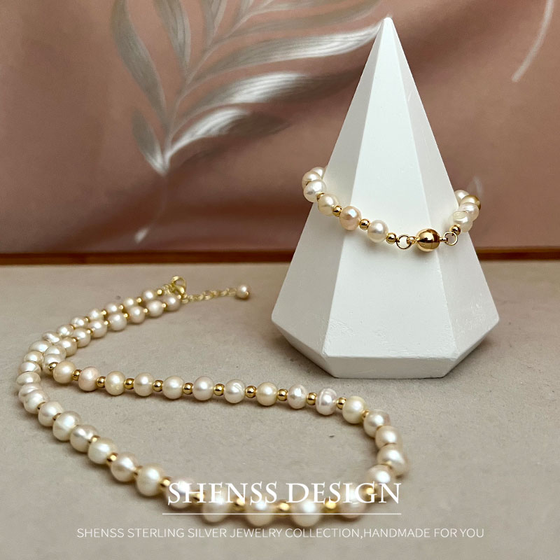 Pearl Necklace Set - Klasyczny temperament naturalny 5-6mm naszyjnik z