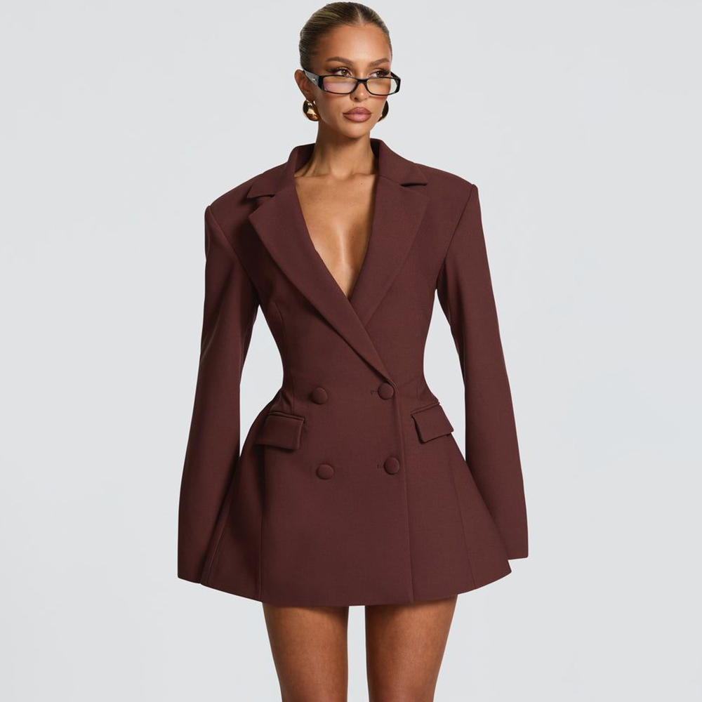 Women'S Formal Jackets To Wear With Dresses - Elegancka damska brązowa sukienka-żakiet z rozkloszowanym