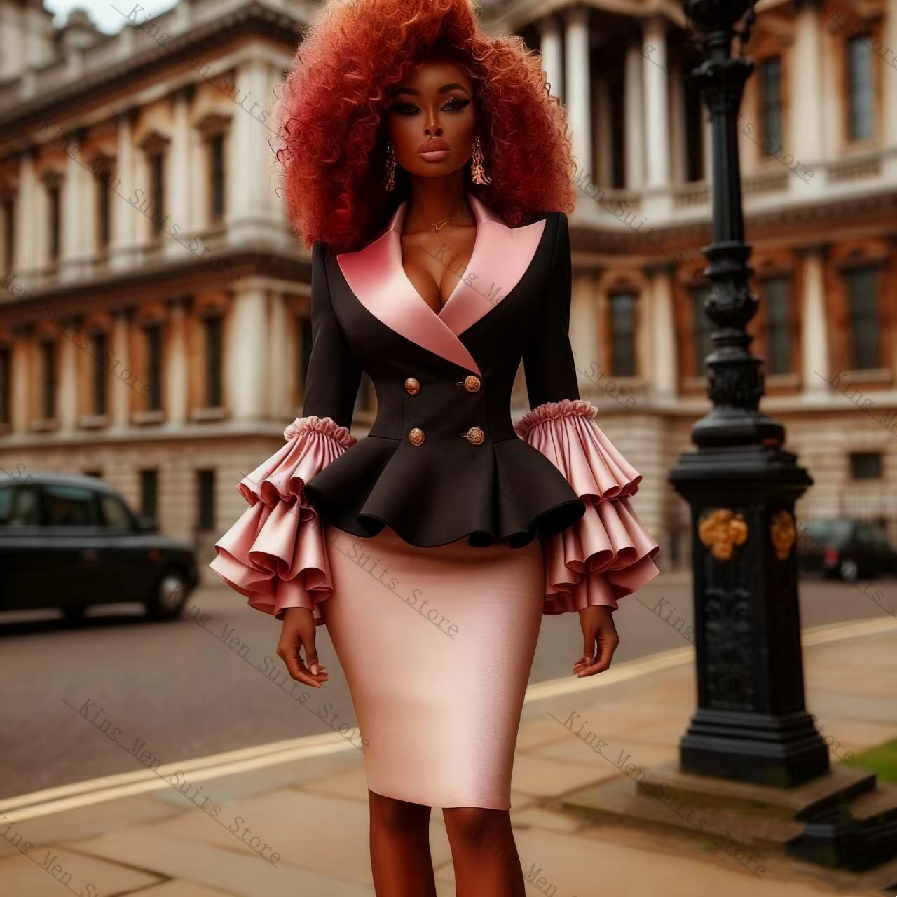 Women'S Formal Jackets To Wear With Dresses - Czarno-różowy damski komplet garniturowy 2-częściowy: marynarka