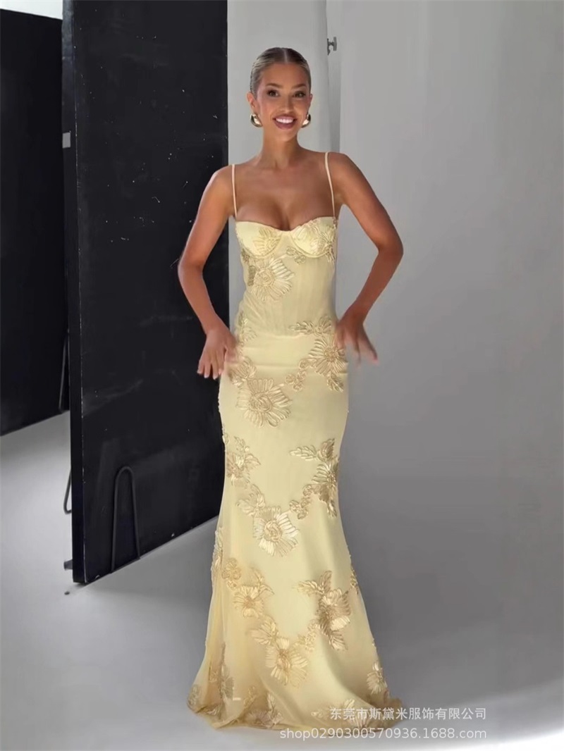 Women'S Holiday Formal Wear - Żółta Sukienka Wieczorowa Damska z Haftem,