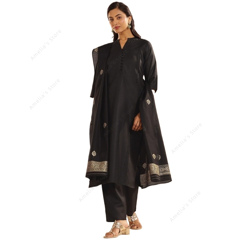 Women'S Formal Traditional Wear - Damski czarny żakardowy zestaw 3-częściowy: kurta,