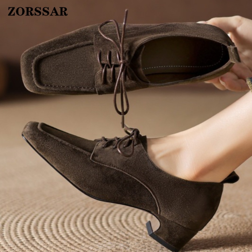 Women Formal Office Wear Shoes - Damskie brązowe zamszowe oksfordki ze sznurowaniem,