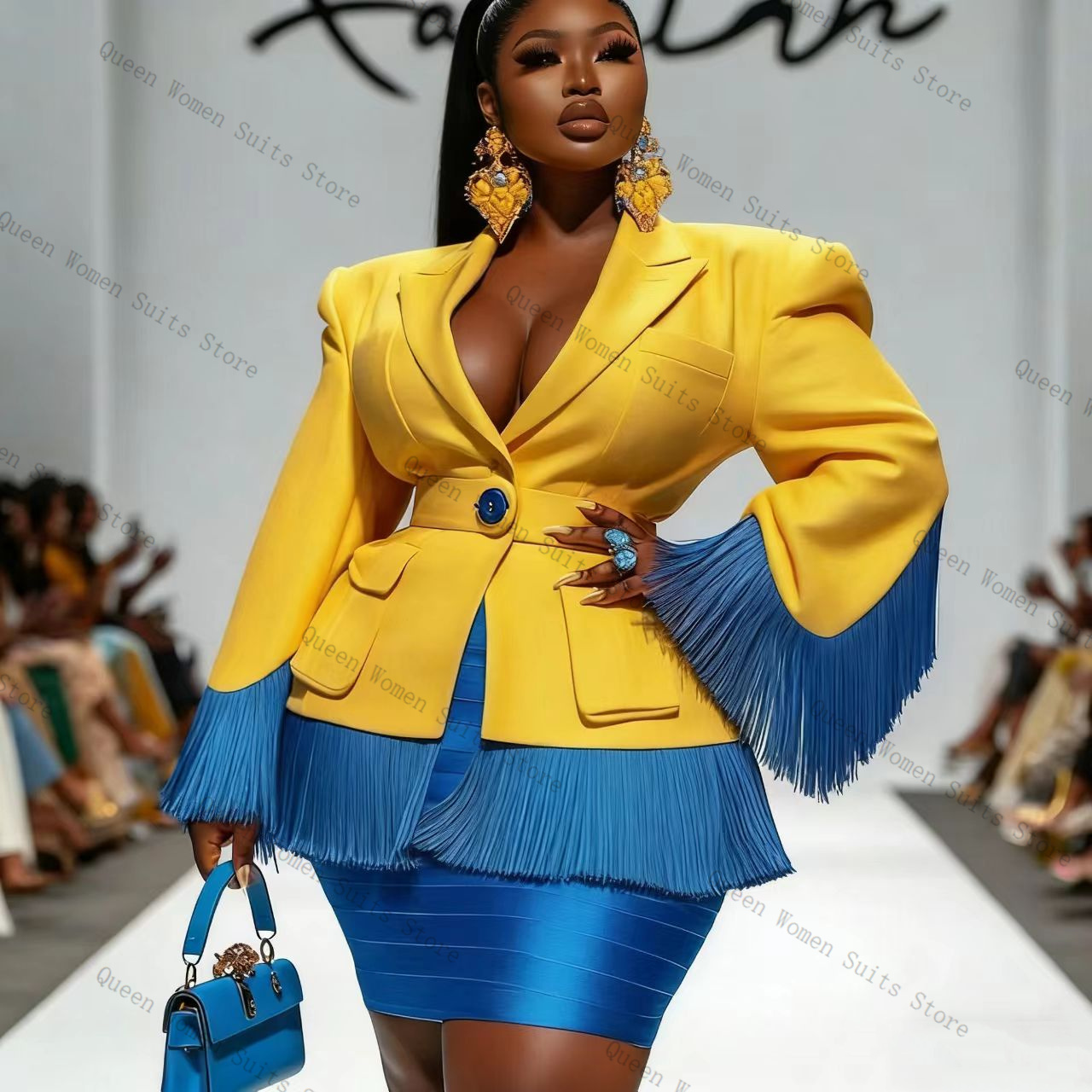 Women'S Formal Jackets To Wear With Dresses - Niebieski Zestaw Damski z Frędzlami: Spódnica