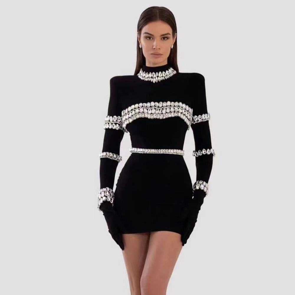 Women'S Semi Formal Evening Wear - Sukienka z dżetami, czarna, z półgolfem,