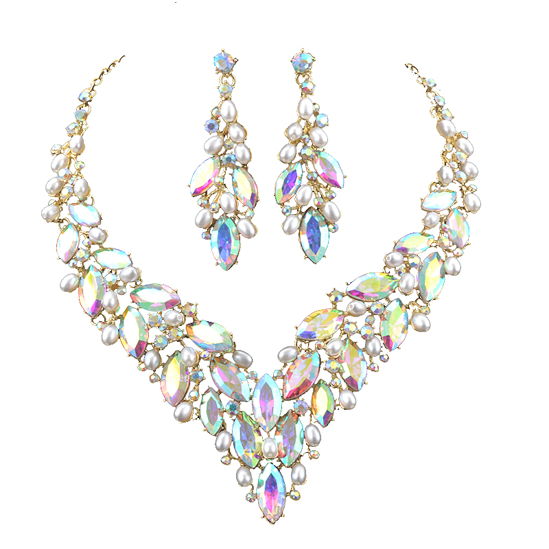 Pearl Necklace Set - Delikatny naszyjnik z pereł kryształowy kolczyk
